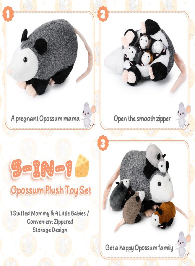 Arrowbash 5 Pcs Opossum Stuffed Animals Set: 14'' Large Mommy Possum Plush with 4 Small Babies Opossums in Zippered Tummy Stuffed Plush Toys Gift for Kids Girls Boys Christmas Birthday Possum Lover - Image 3
